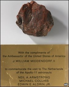The piece of 'rock' supposedly brought back from the moon, seen in the Rijksmuseum, Amsterdam, 27 August 2009